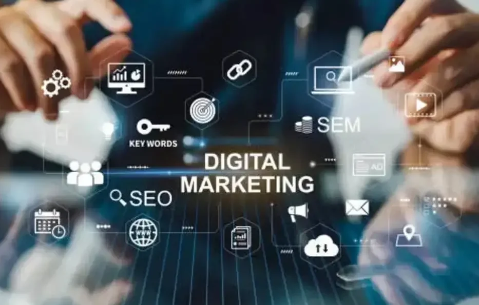 “Digital marketing strategy illustration with charts and social media icons”

