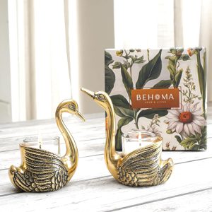 Behoma Metal Pair of Swan Candle Holder & Candles Combo Gift Hamper, Festive Gifting Showpiece for Valentine's Day, Anniversary (2 Metal Swans, 2 Votive Glass Scented Candles,1 Premium Gift Box)