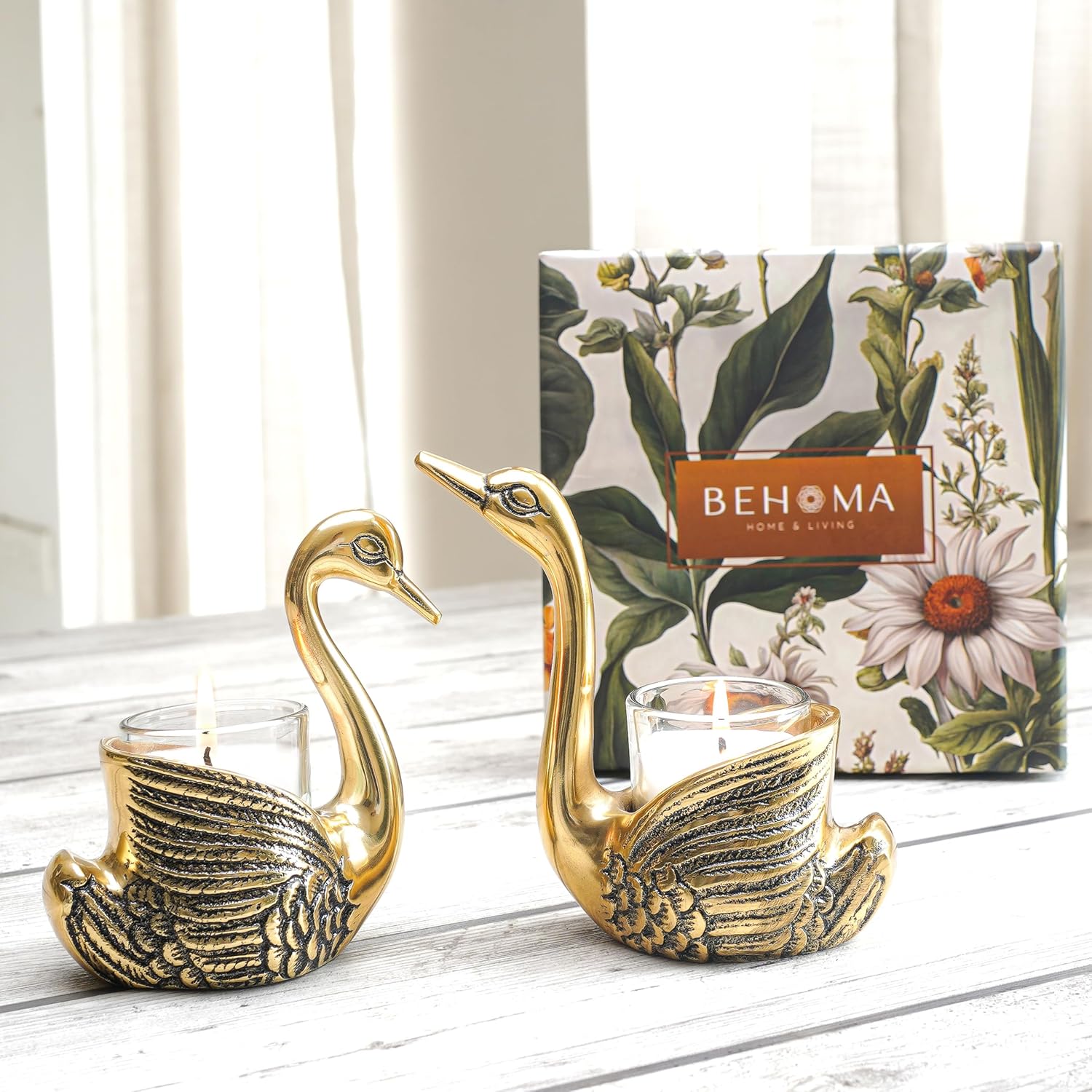 Behoma Metal Pair of Swan Candle Holder & Candles Combo Gift Hamper, Festive Gifting Showpiece for Valentine's Day, Anniversary (2 Metal Swans, 2 Votive Glass Scented Candles,1 Premium Gift Box)