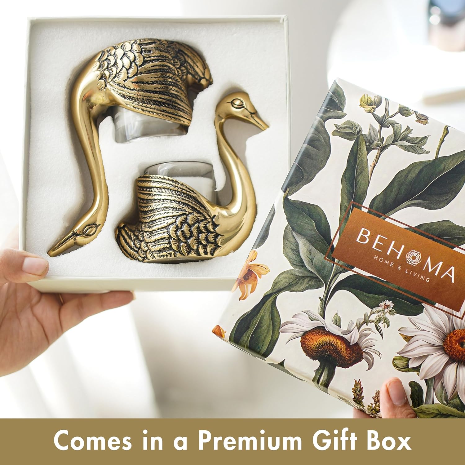 Behoma Metal Pair of Swan Candle Holder & Candles Combo Gift Hamper, Festive Gifting Showpiece for Valentine's Day, Anniversary (2 Metal Swans, 2 Votive Glass Scented Candles,1 Premium Gift Box) - Image 2