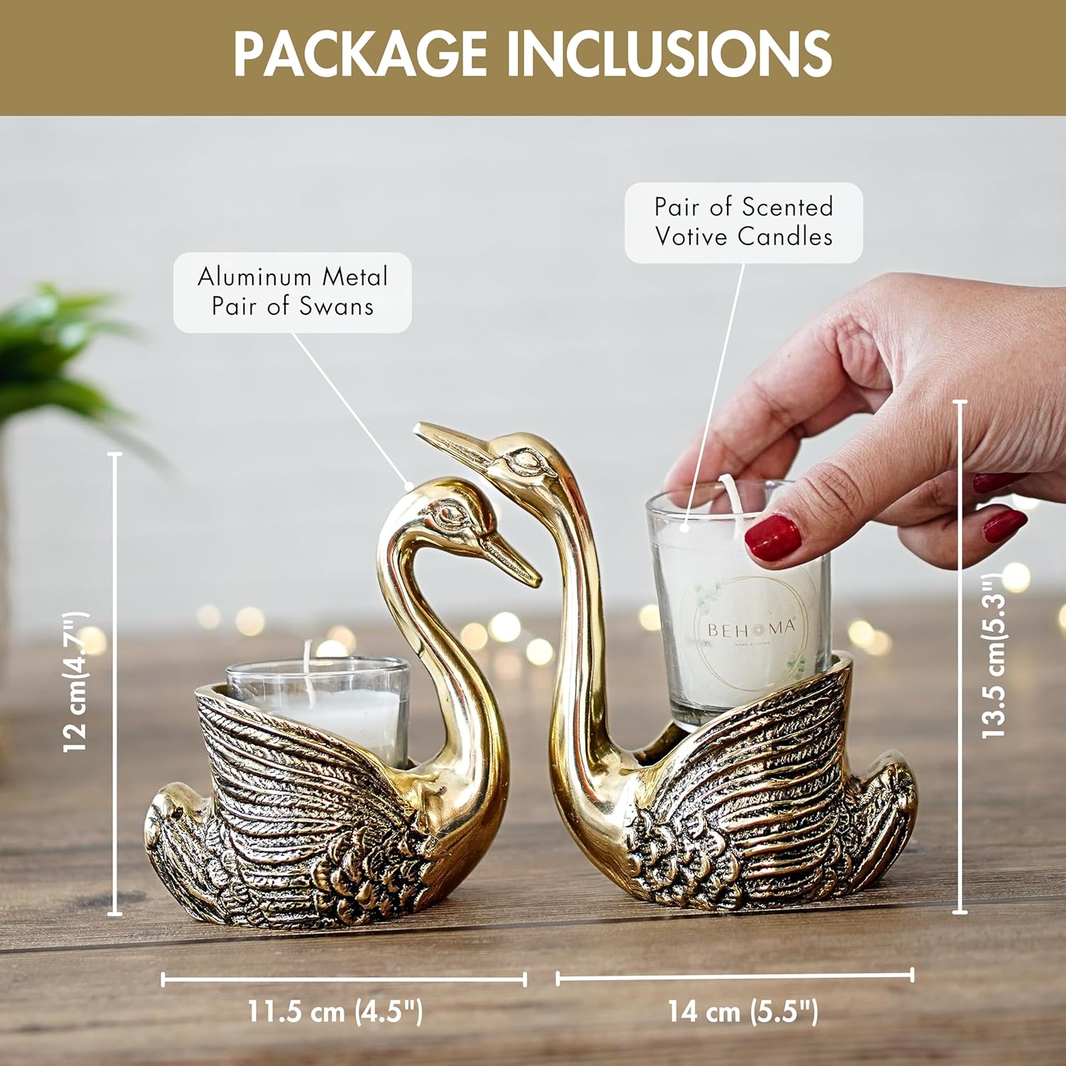Behoma Metal Pair of Swan Candle Holder & Candles Combo Gift Hamper, Festive Gifting Showpiece for Valentine's Day, Anniversary (2 Metal Swans, 2 Votive Glass Scented Candles,1 Premium Gift Box) - Image 4
