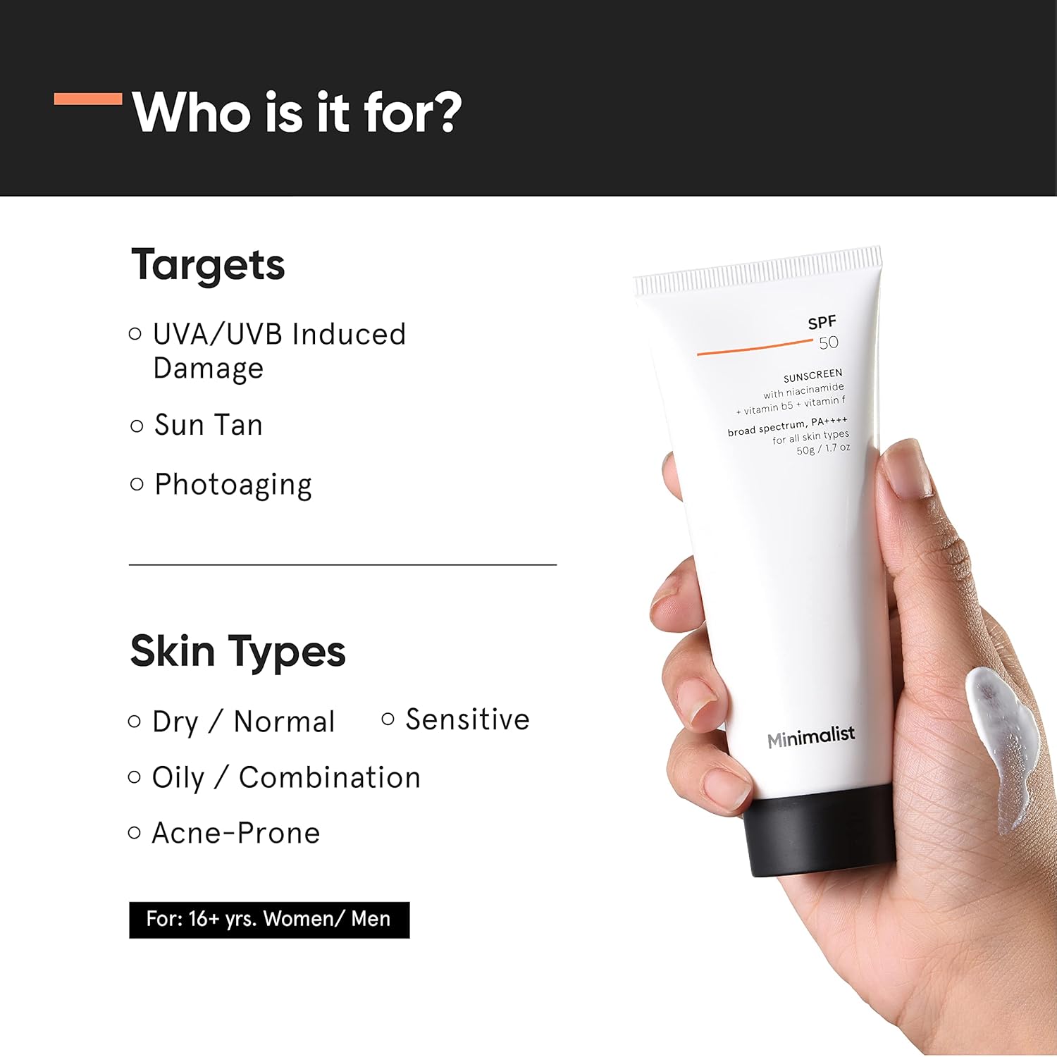Minimalist Sunscreen SPF 50 PA++++ | Clinically Tested in US (In-Vivo) | Lightweight Cream with Multi-Vitamins | No White Cast | Broad Spectrum Niacinamide Sunscreen For Oily Skin, Dry Skin | For Women & Men | 50g (Pack of 1) - Image 2